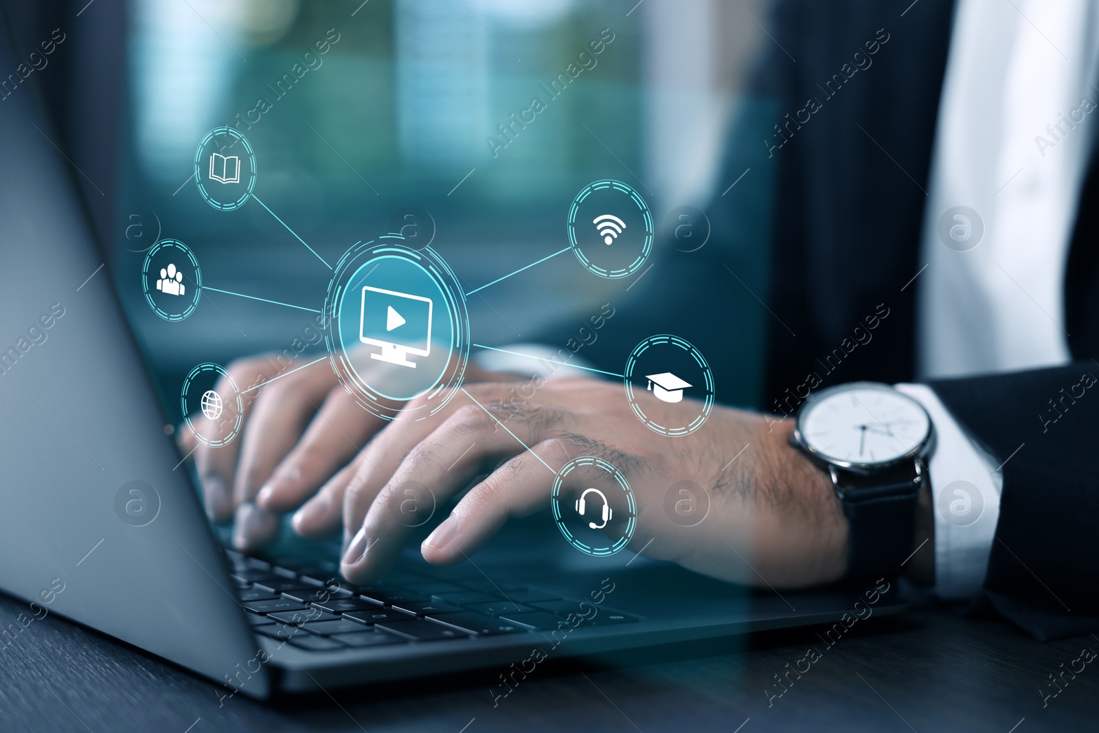 Image of Webinar. Man using laptop at table, closeup. Virtual screen with icons over computer