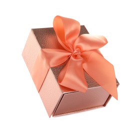 Beautiful pink gift box with ribbon and bow on white background