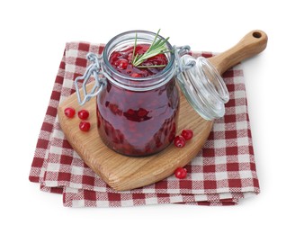 Fresh cranberry sauce in glass jar isolated on white