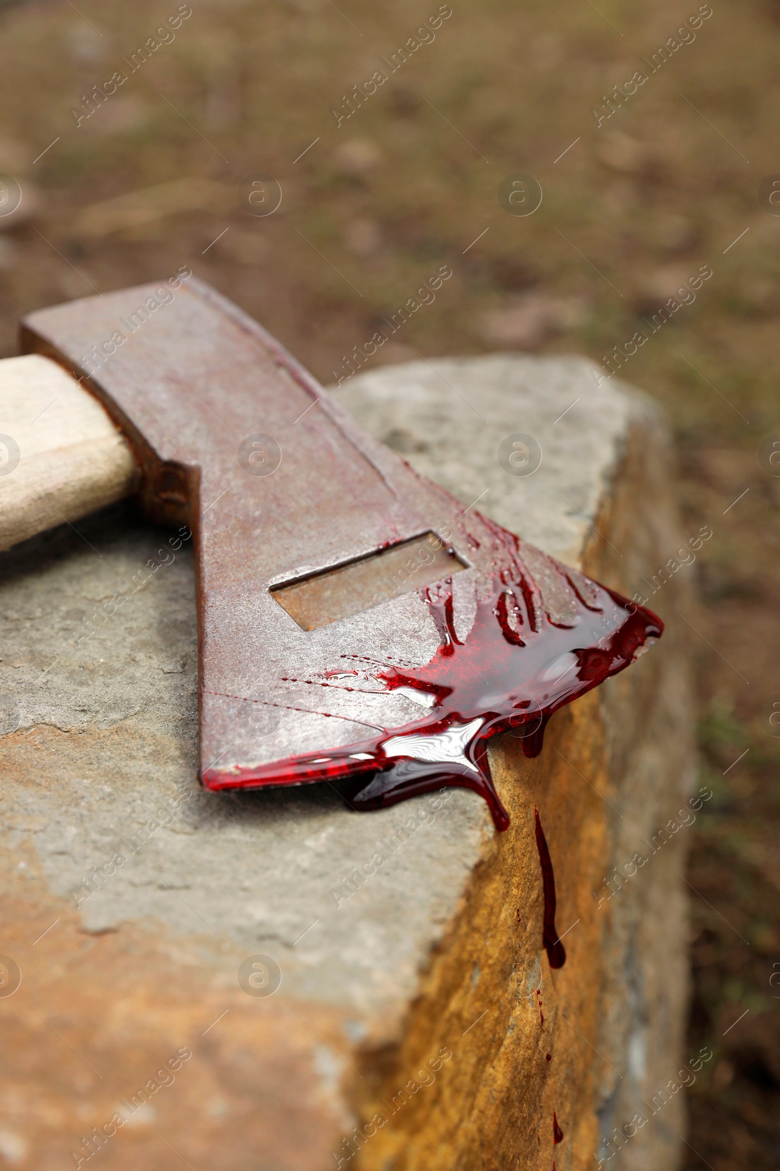 Photo of Axe with blood on stone outdoors, closeup