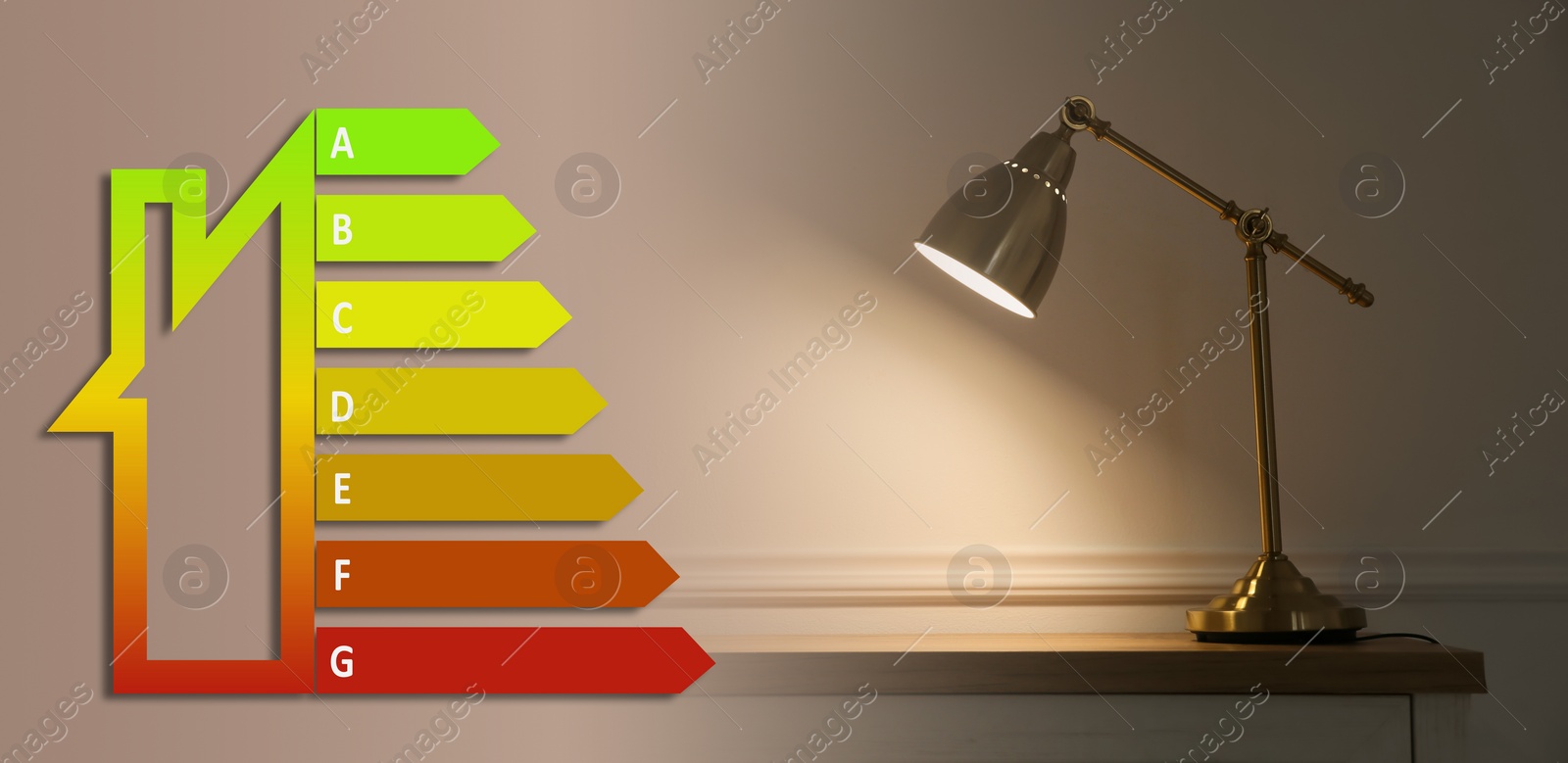 Image of Energy efficiency rating label and lamp on wooden chest of drawers near beige wall indoors, banner design