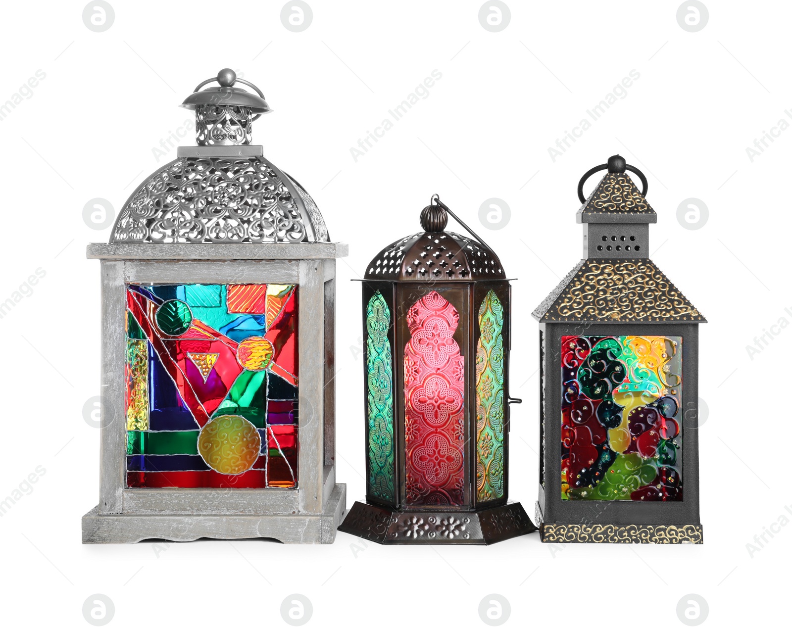 Photo of Different decorative Arabic lanterns on white background