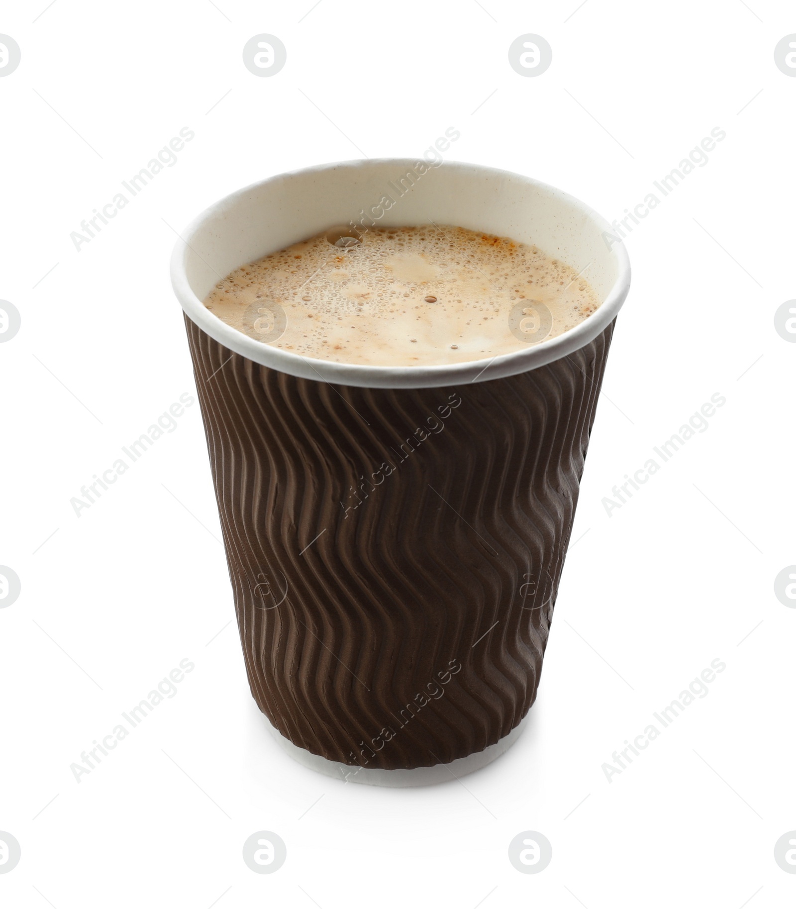 Photo of Aromatic coffee in takeaway paper cup isolated on white