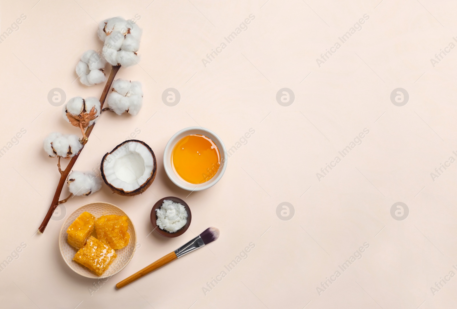 Photo of Fresh ingredients for homemade effective acne remedies on light background, flat lay