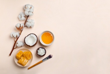 Photo of Fresh ingredients for homemade effective acne remedies on light background, flat lay