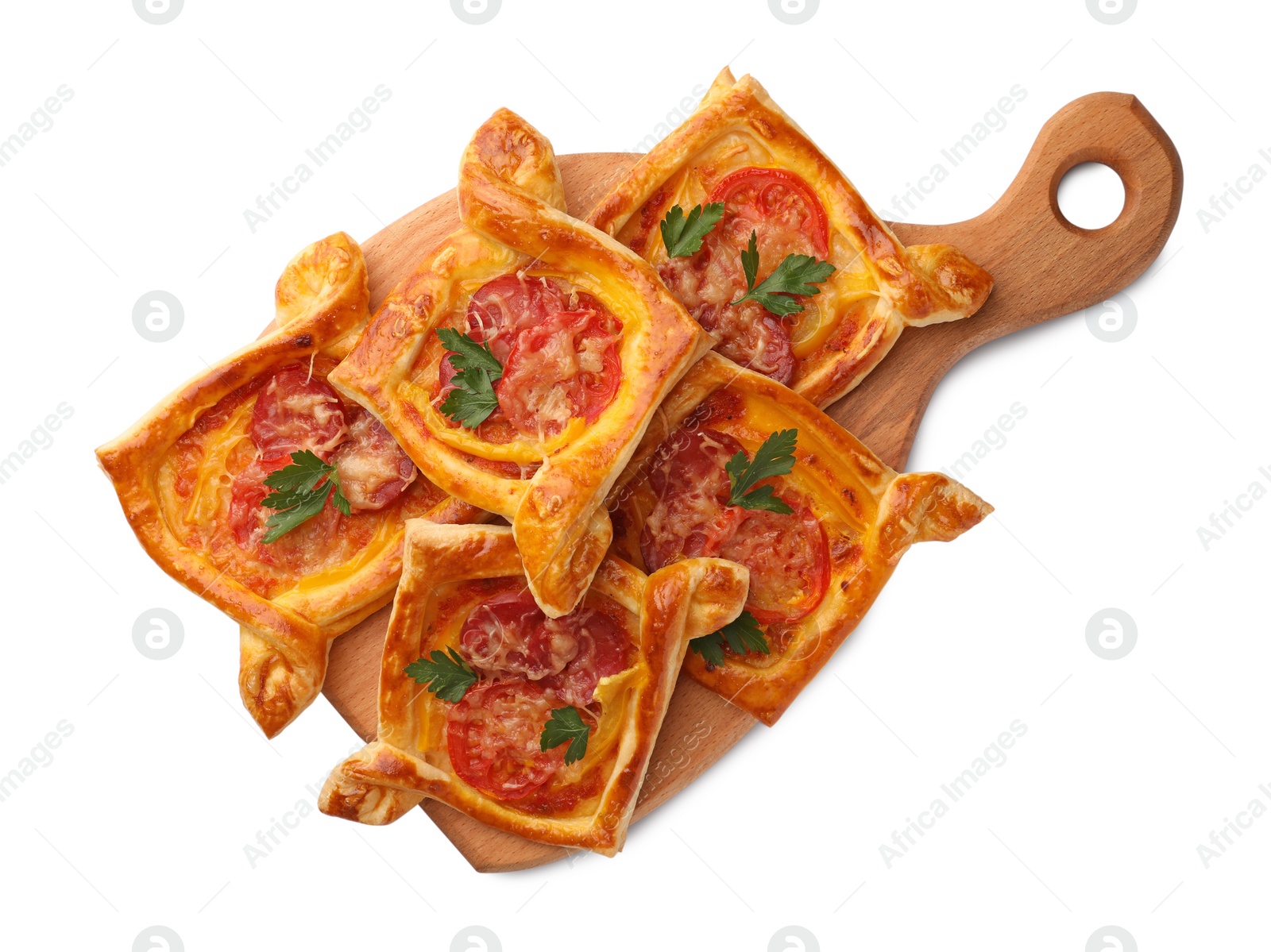 Photo of Fresh delicious puff pastry with cheese, tomatoes and parsley on white background, top view