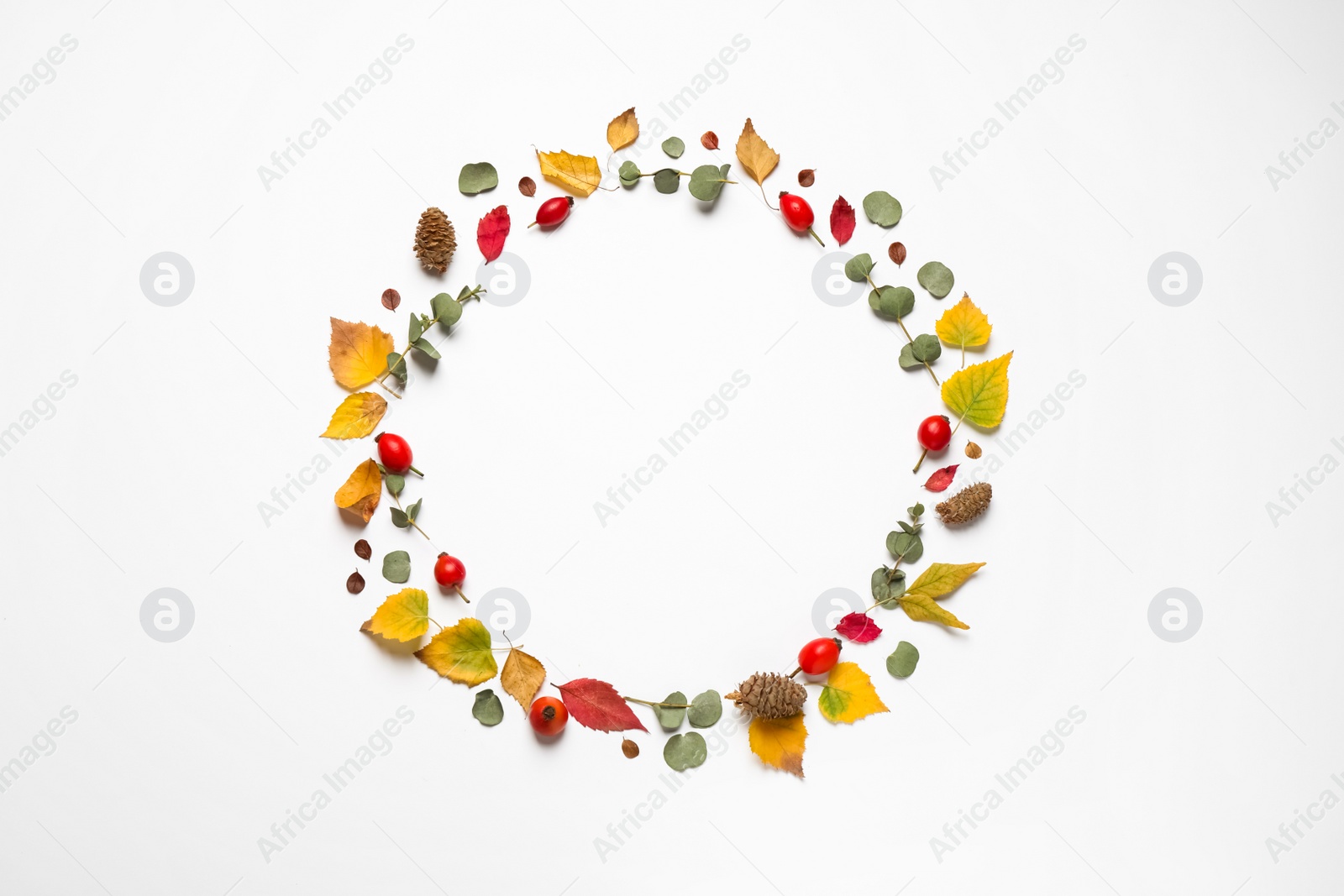 Photo of Flat lay composition with autumn leaves and space for text on white background