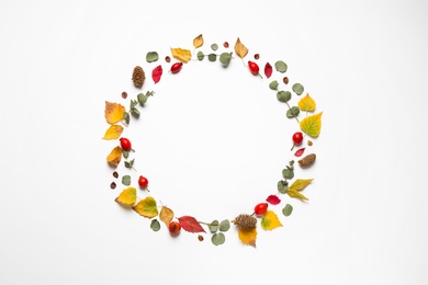 Flat lay composition with autumn leaves and space for text on white background