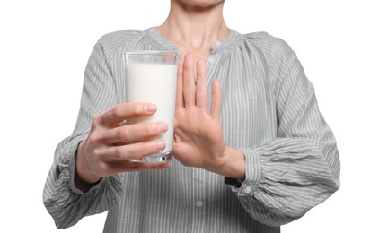 Photo of Woman with glass of milk suffering from lactose intolerance on white background, closeup