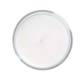 Photo of Candle in glass holder on white background, top view