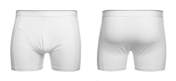 Image of Comfortable menʼs underwear isolated on white, back and front views