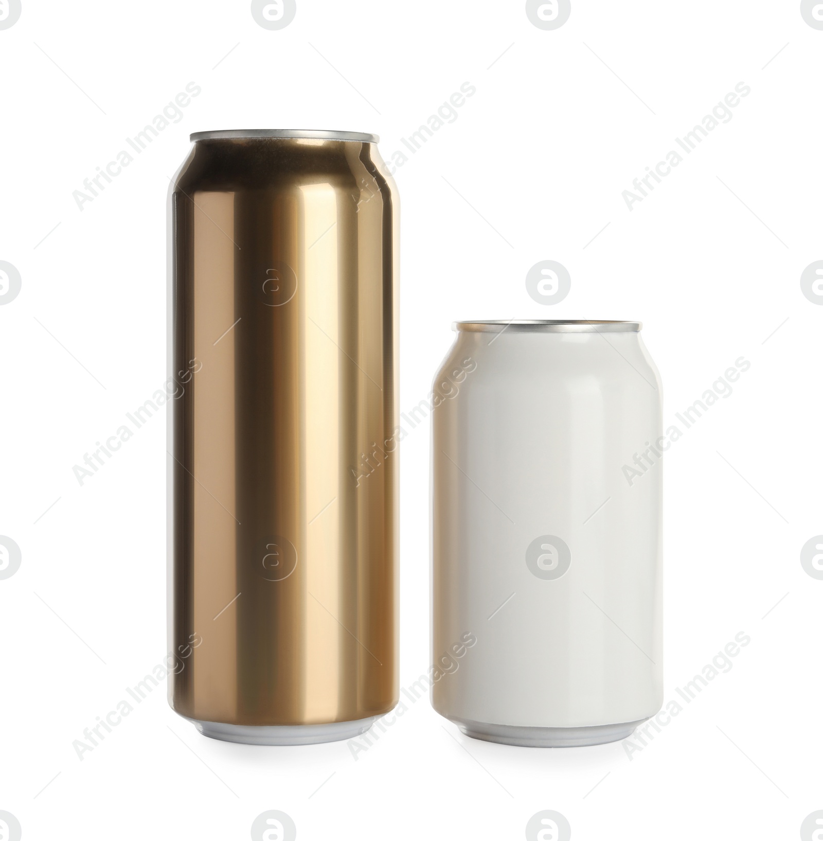 Photo of Aluminum cans with drinks on white background