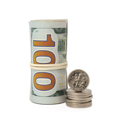 Rolled dollar banknotes and stack of coins on white background