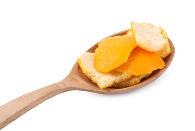 Photo of Spoon with orange peels preparing for drying isolated on white