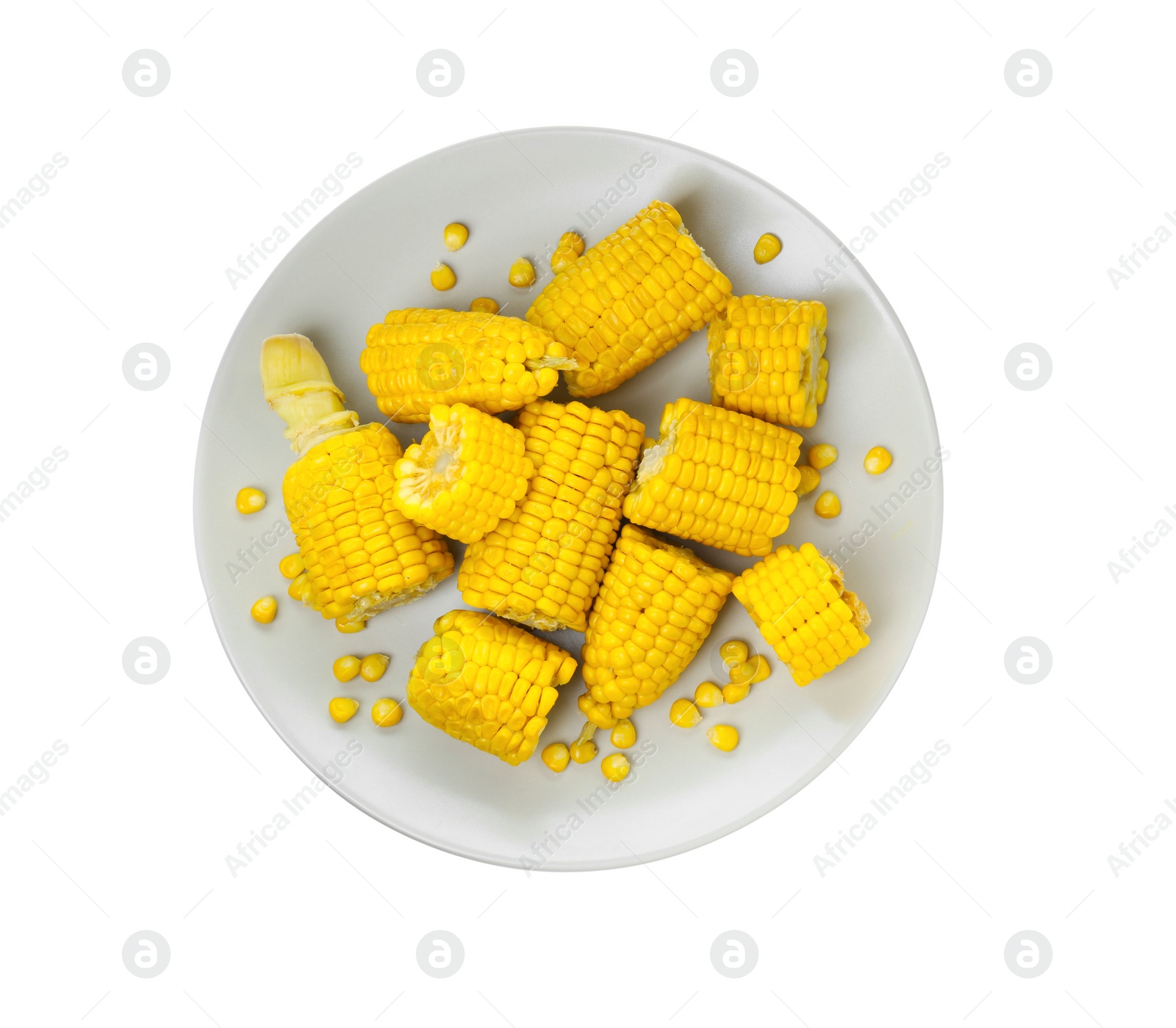 Photo of Plate with tasty cooked corn cobs on white background, top view