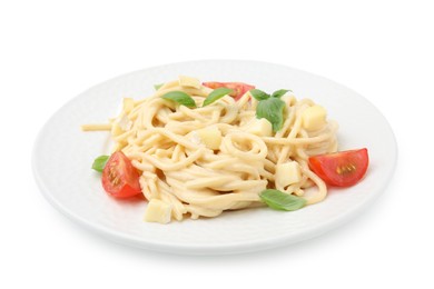 Photo of Delicious pasta with brie cheese, tomatoes and basil leaves isolated on white