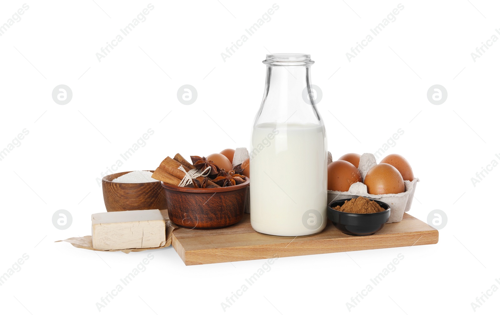 Photo of Eggs, yeast cake and different ingredients on white background. Making pie