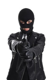 Photo of Woman wearing knitted balaclava with gun on white background