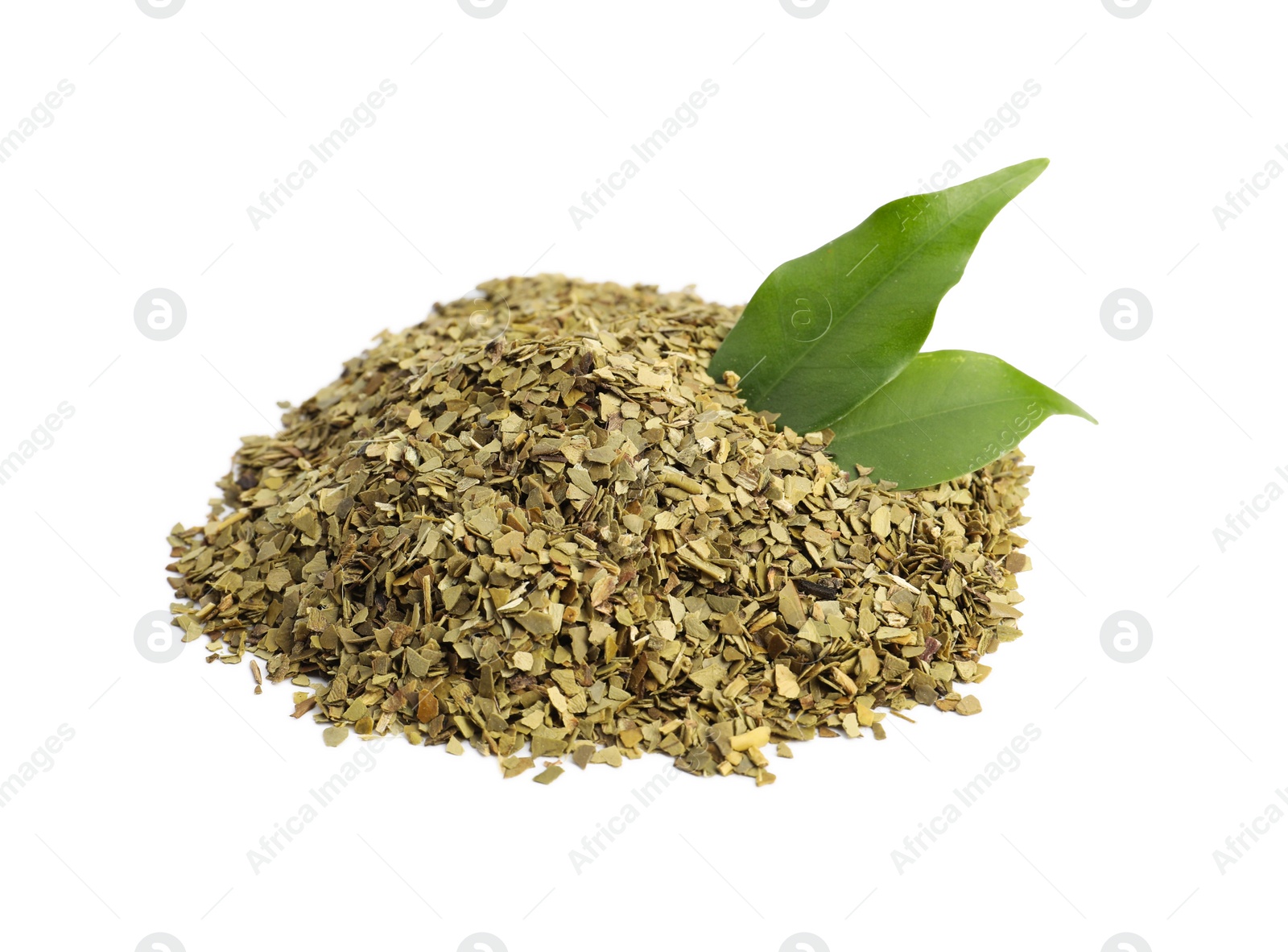 Photo of Pile of aromatic mate tea and fresh leaves on white background