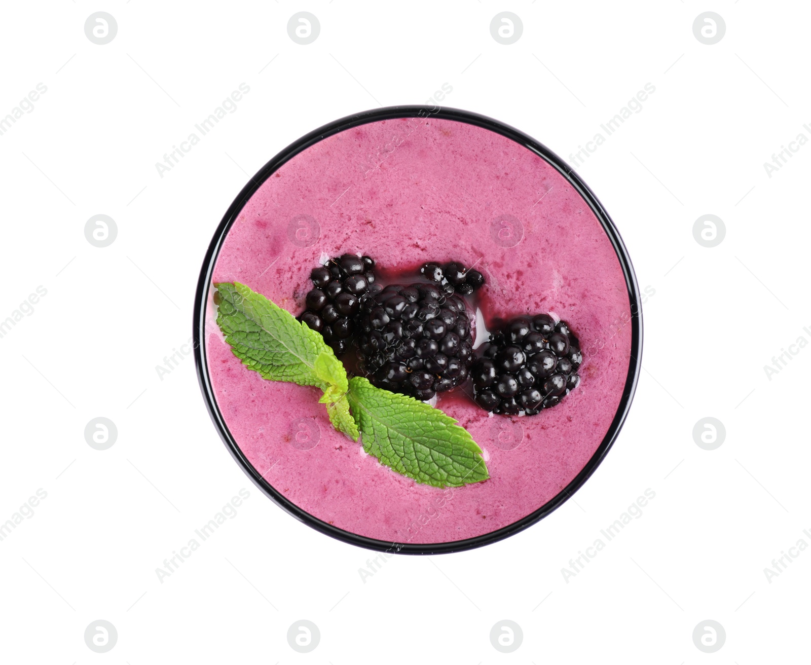 Photo of Delicious blackberry smoothie in glass on white background, top view