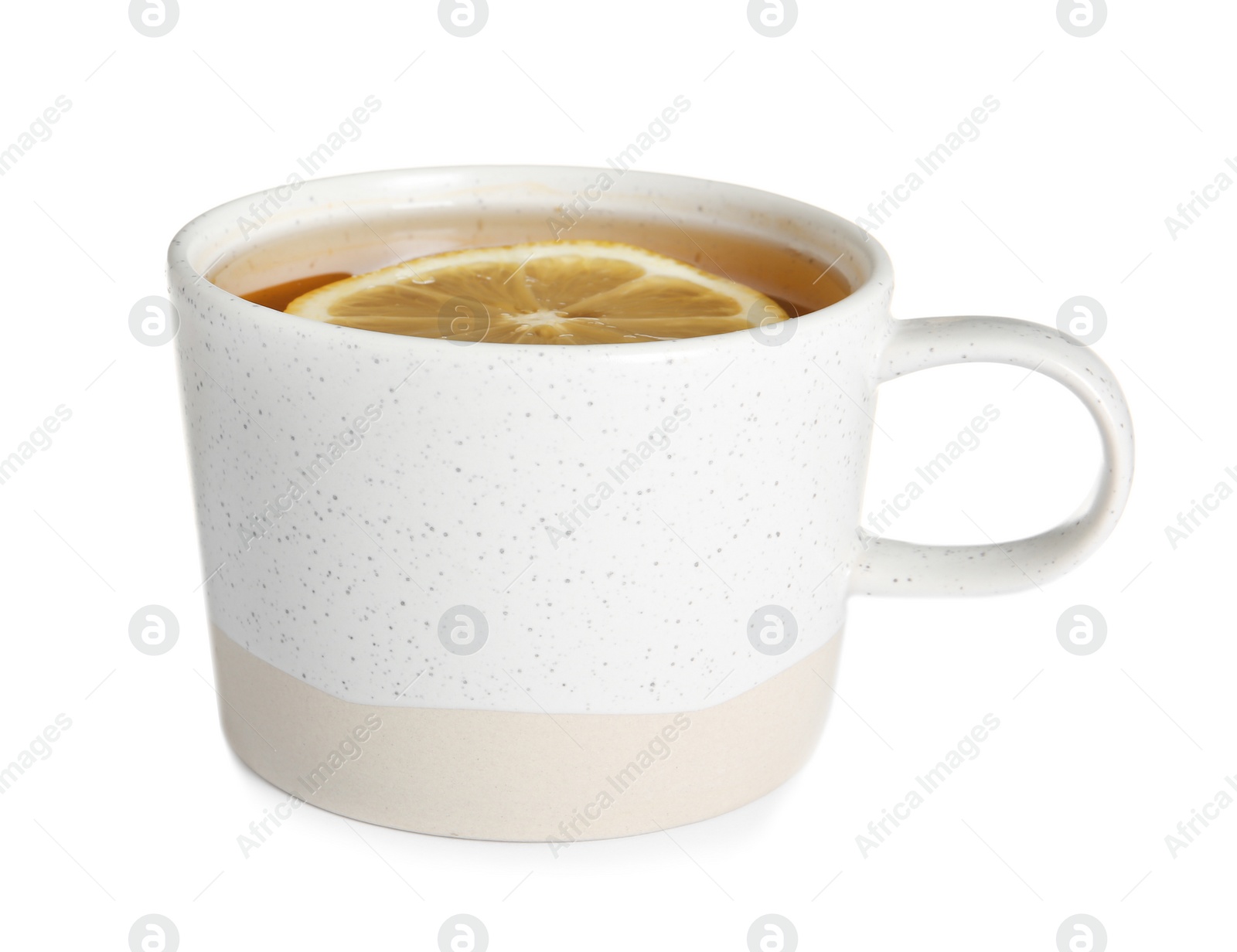 Photo of Cup of hot tea with lemon on white background