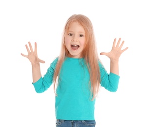 Portrait of emotional little girl in casual outfit on white background