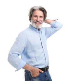 Photo of Portrait of handsome mature man on white background