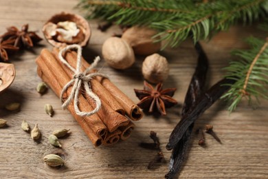 Different spices, nuts and fir branches on wooden table, closeup