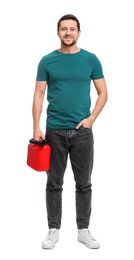 Photo of Man holding red canister on white background