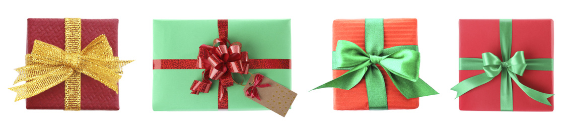 Image of Set of Christmas gift boxes on white background, top view. Banner design