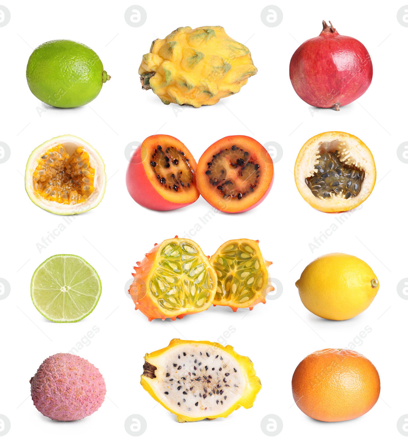 Image of Set with different delicious exotic fruits on white background 