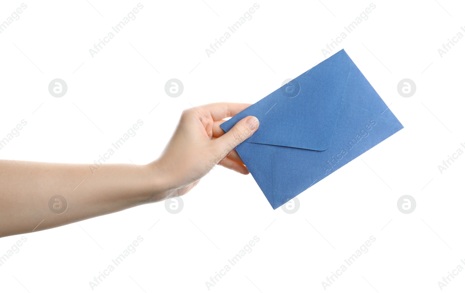 Photo of Woman holding blue paper envelope on white background, closeup