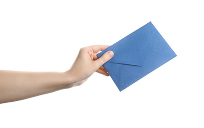 Photo of Woman holding blue paper envelope on white background, closeup