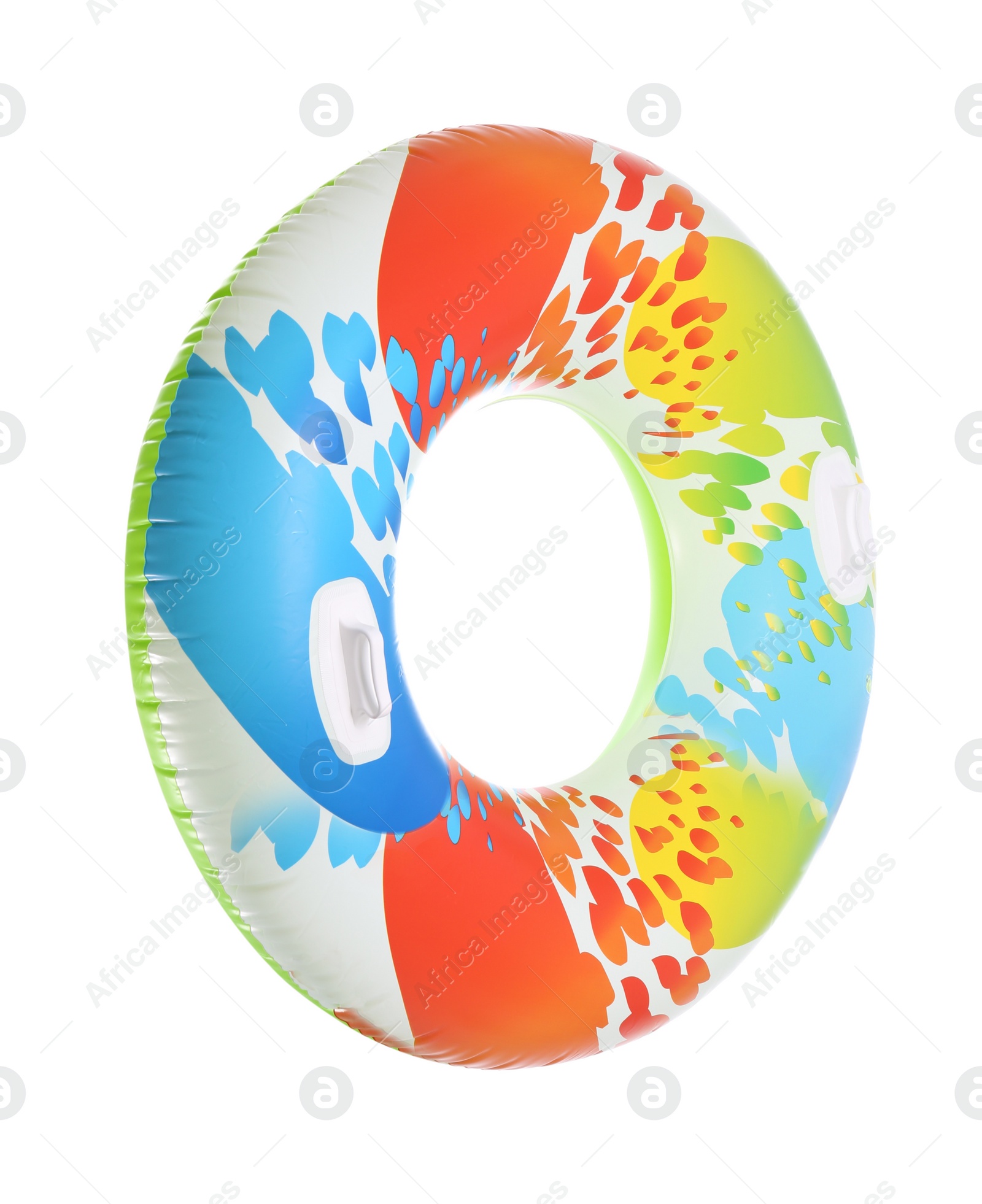 Photo of Colorful inflatable ring with handles isolated on white