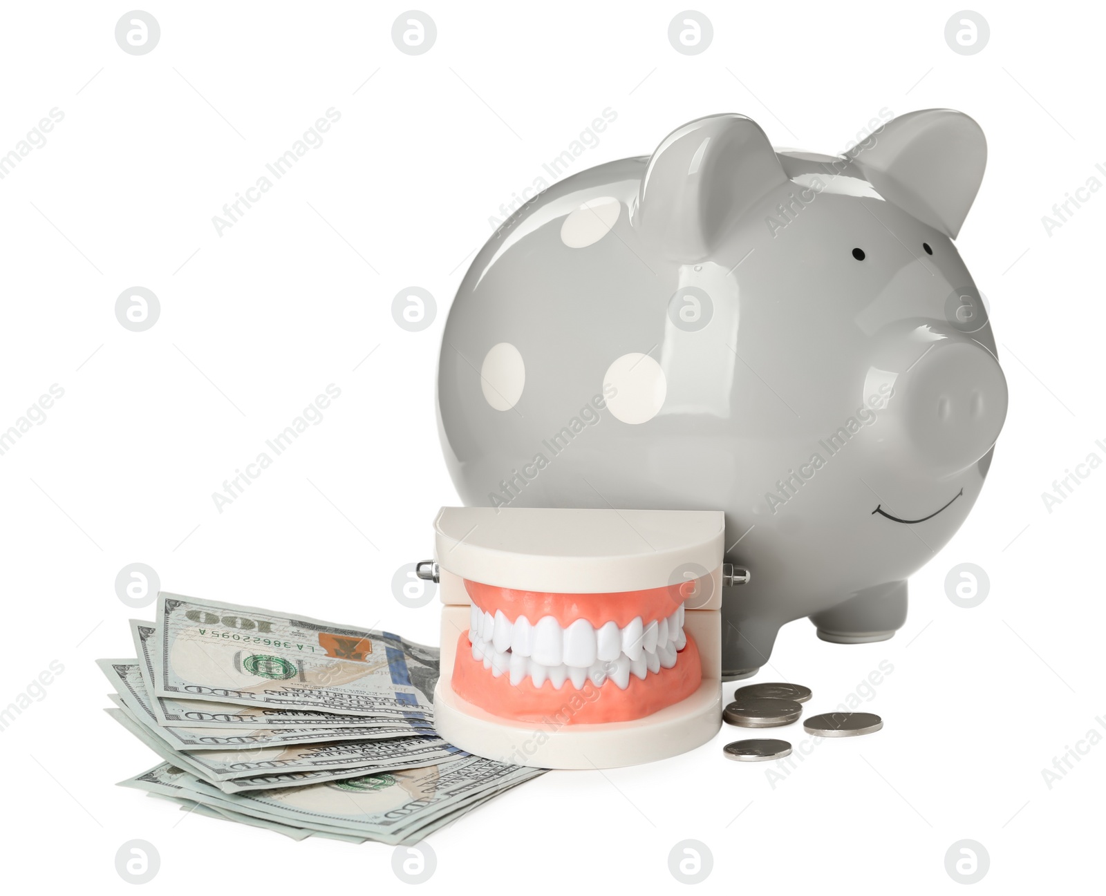 Photo of Educational dental typodont model, piggy bank and money on white background. Expensive treatment