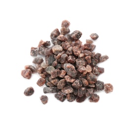 Photo of Pile of Himalayan black salt isolated on white, top view