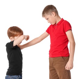 Photo of Boy bullying upset kid on white background