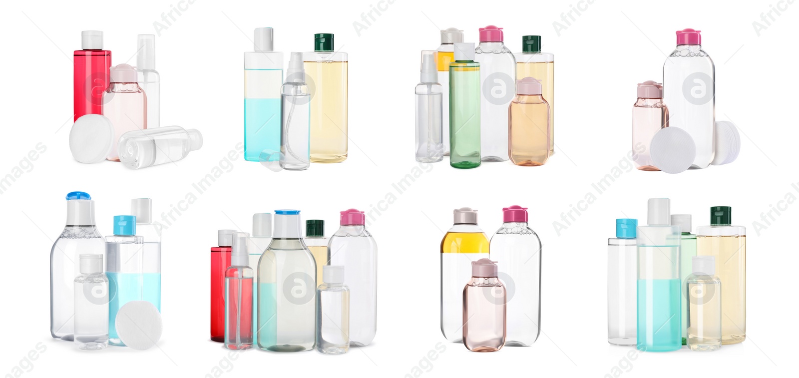 Image of Set with bottles of micellar cleansing water on white background