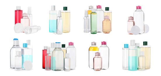 Set with bottles of micellar cleansing water on white background