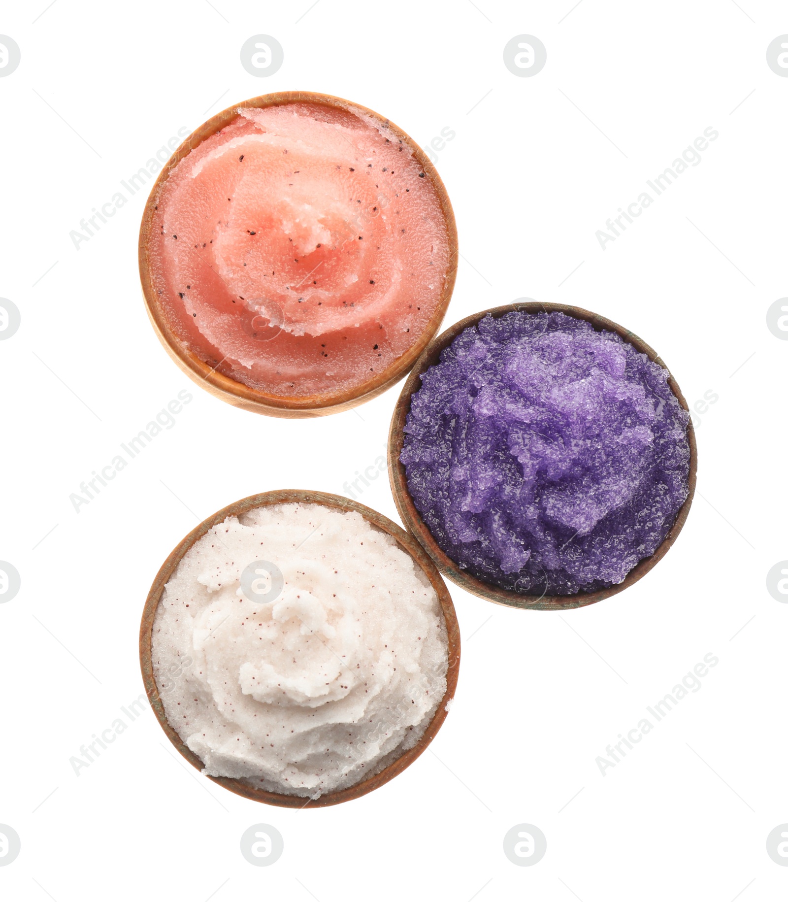 Photo of Different body scrubs in bowls on white background, top view