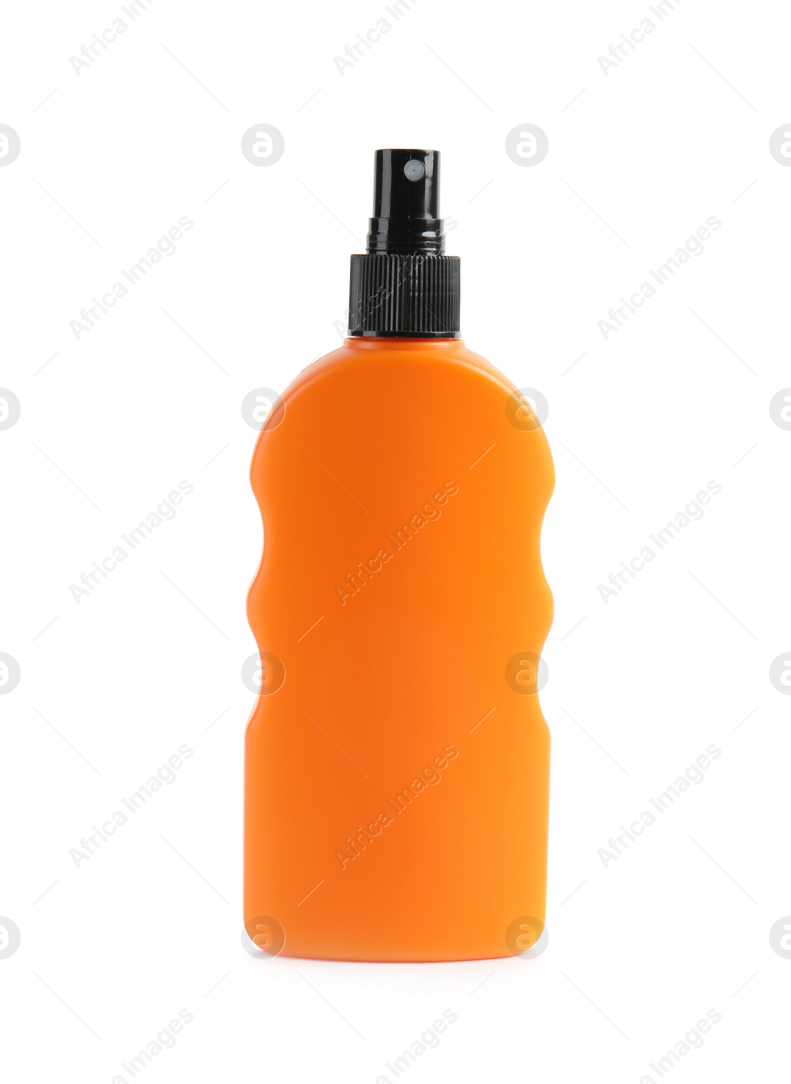 Photo of Bottle with sun protection body cream on white background