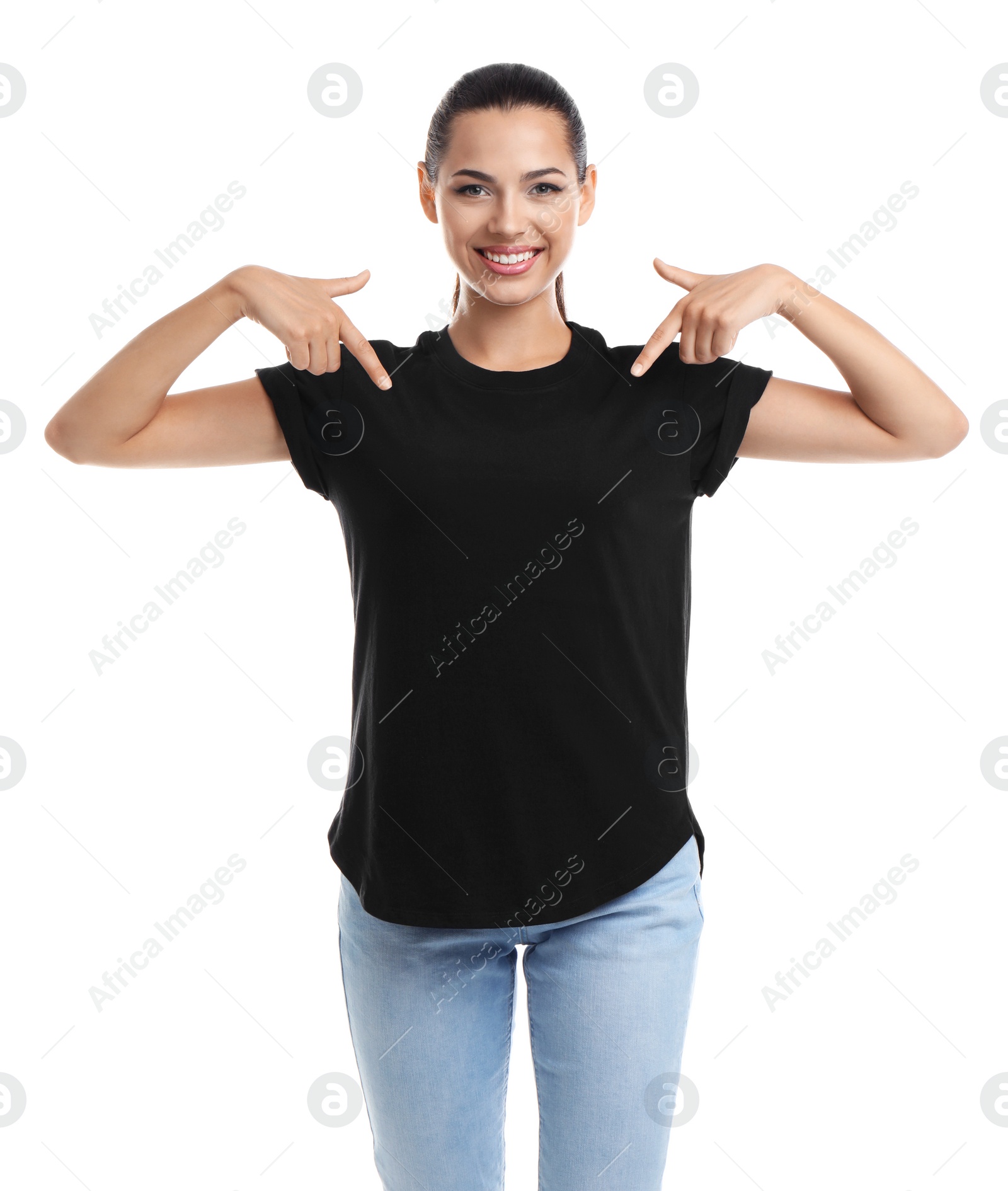 Photo of Young woman in t-shirt on white background. Mockup for design