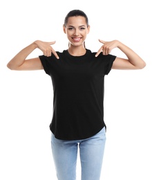 Young woman in t-shirt on white background. Mockup for design