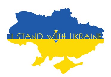 I stand with Ukraine. Outline map of Ukraine with phrase and hearts in colors of national flag on white background