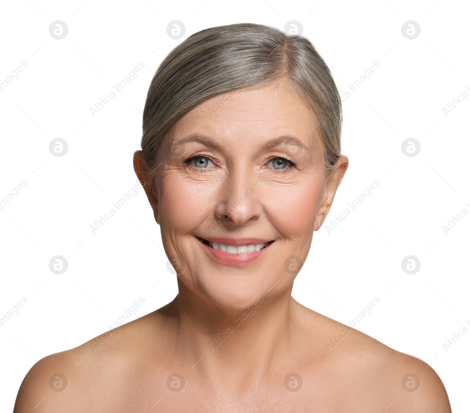 Photo of Beautiful mature woman with healthy skin on white background