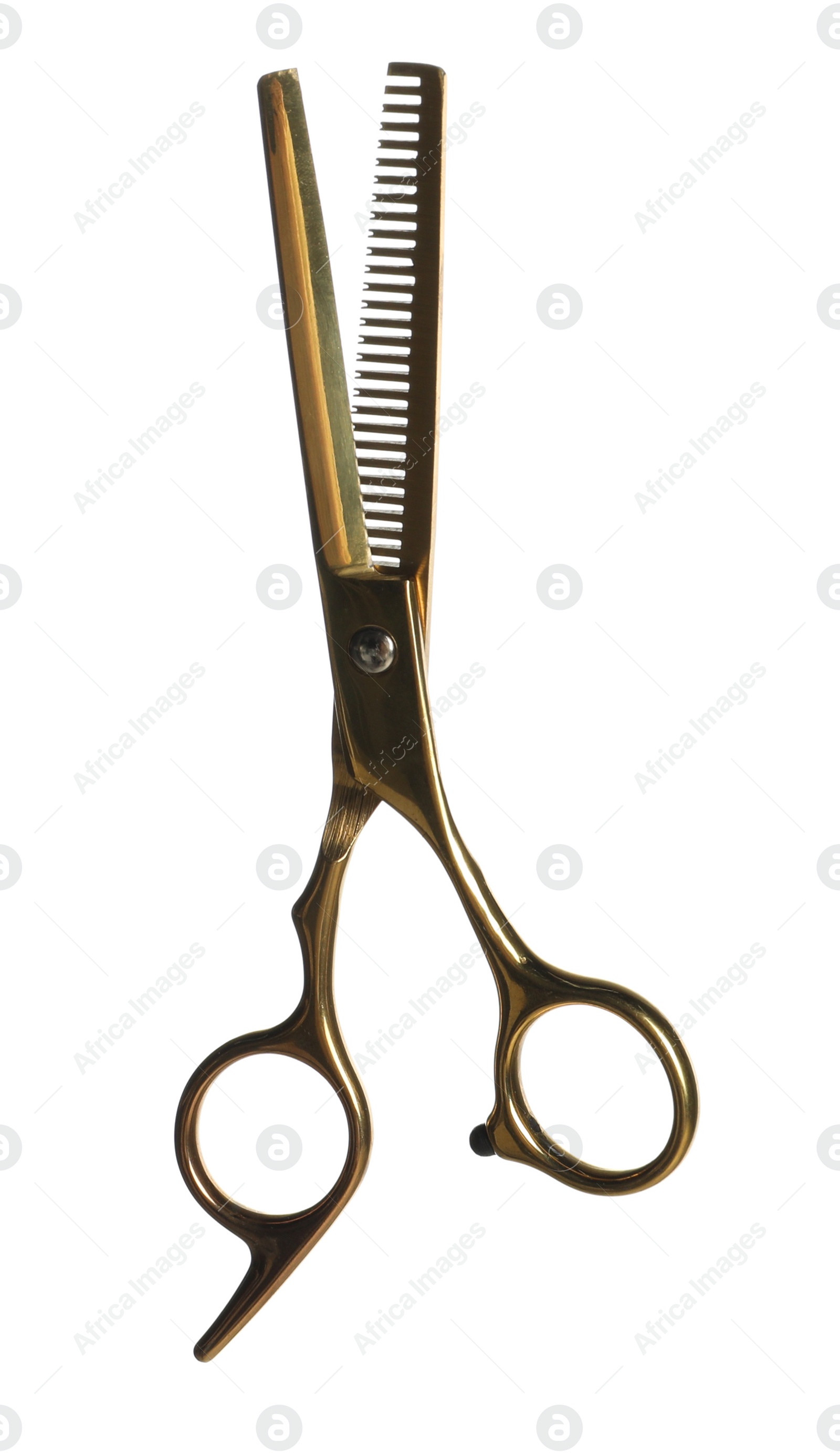 Photo of Professional hairdresser thinning scissors isolated on white. Haircut tool