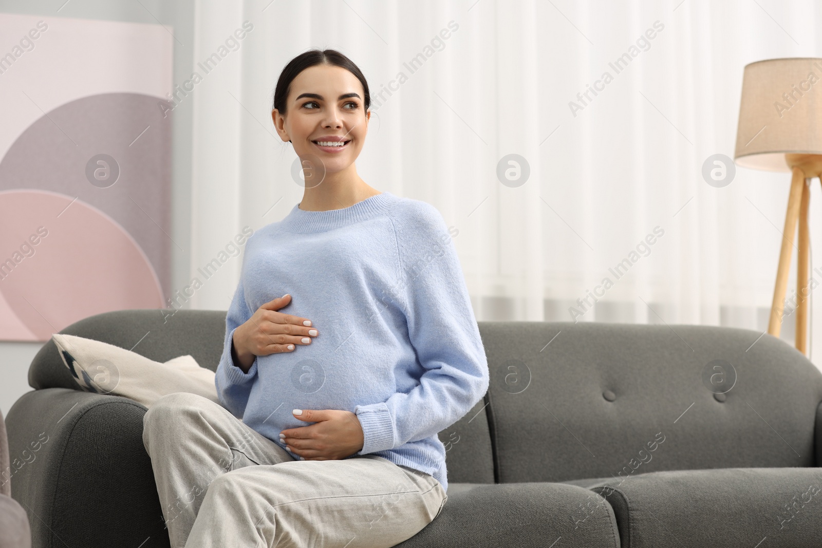 Photo of Happy pregnant woman on sofa at home, space for text