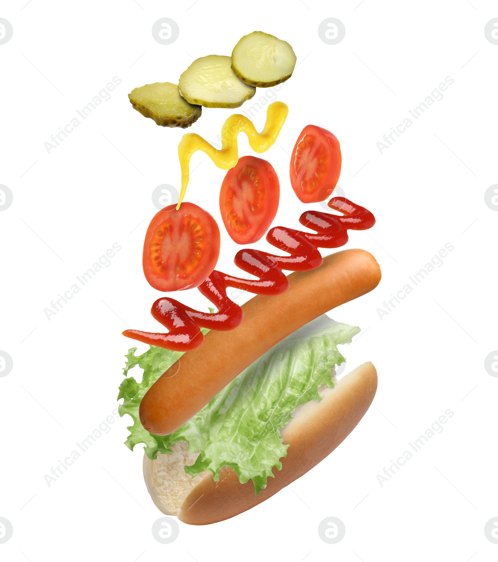 Image of Hot dog ingredients in air on white background