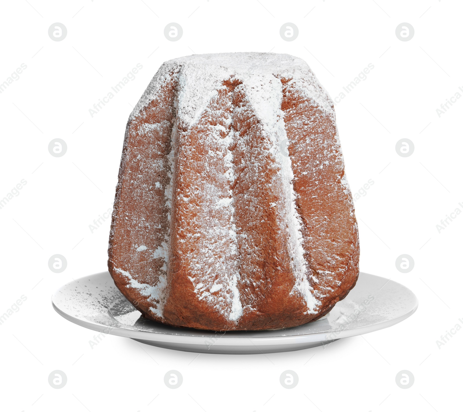 Photo of Delicious Pandoro cake decorated with powdered sugar isolated on white. Traditional Italian pastry