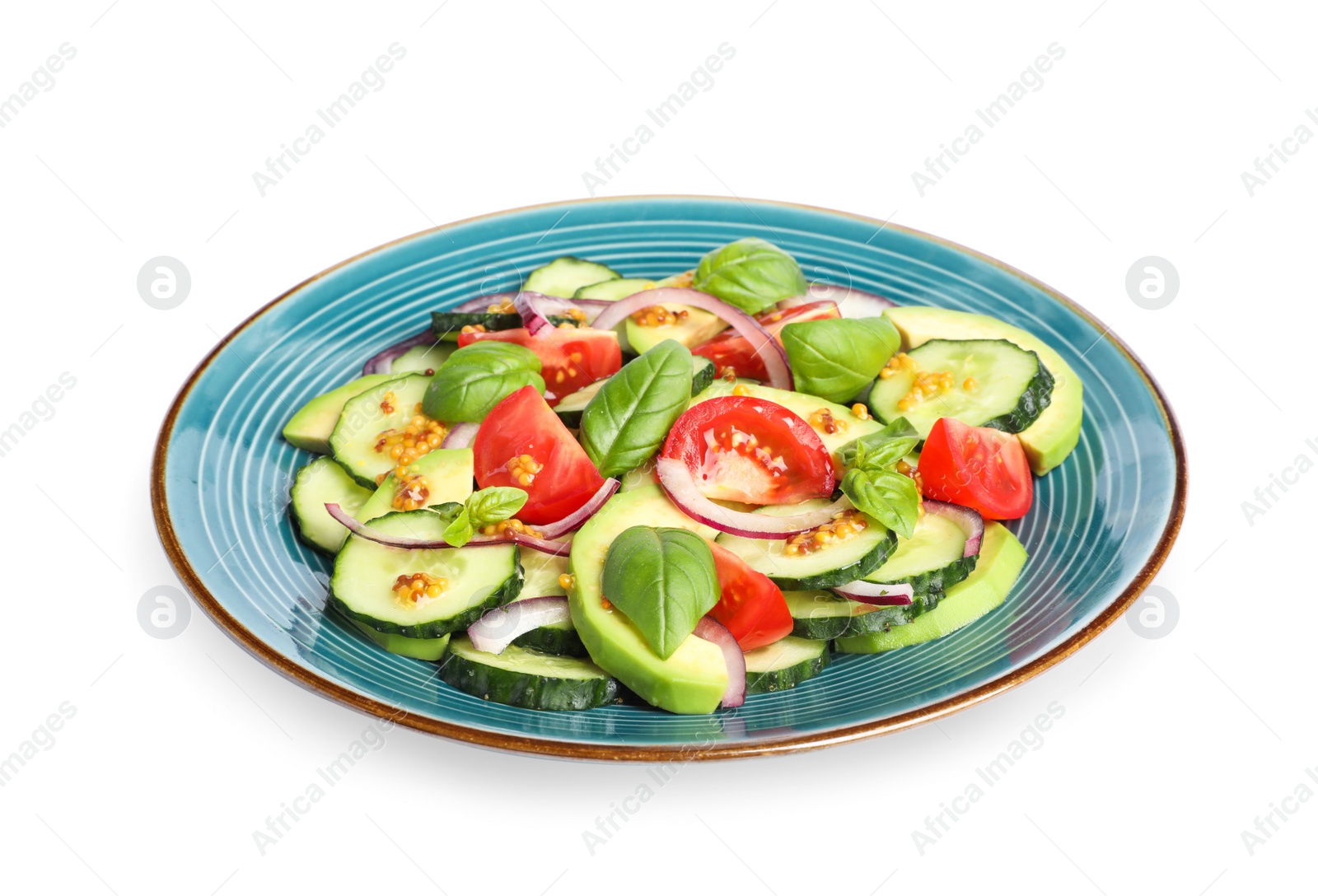 Photo of Delicious salad with cucumbers isolated on white